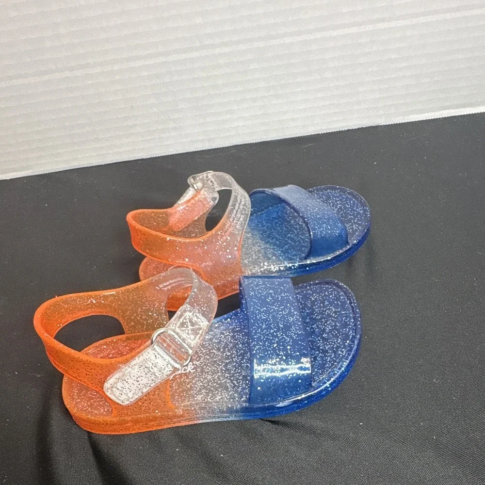 Girls Glitter Strappy Open Toe Sandals Buckle Plastic Blue/Orange/Clear 5
